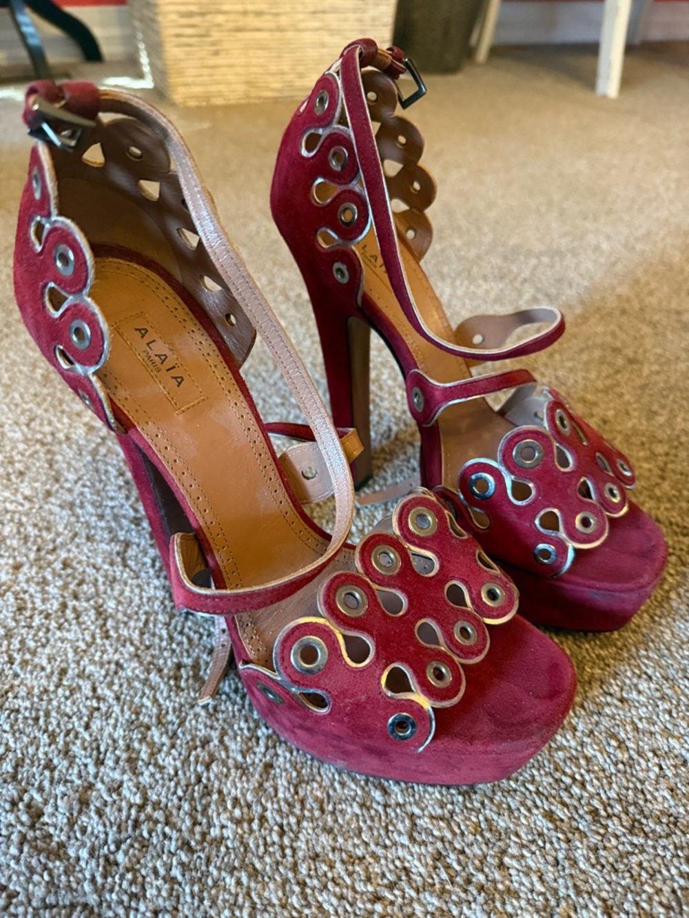Alaïa Burgundy Suede Eyelet Platform Heels